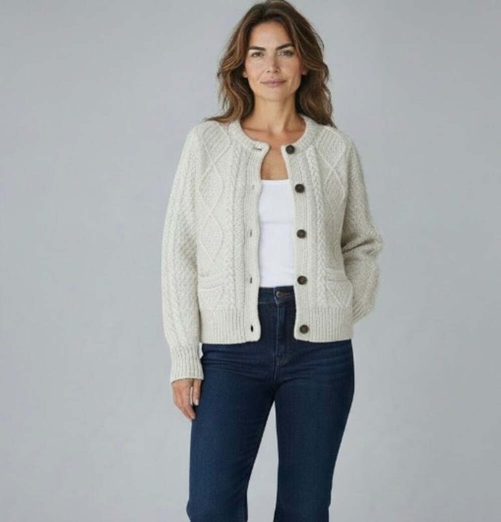 Jack Wills Chunky Cable Knit Button-up Fisherman Cardigan Beige & Metallic